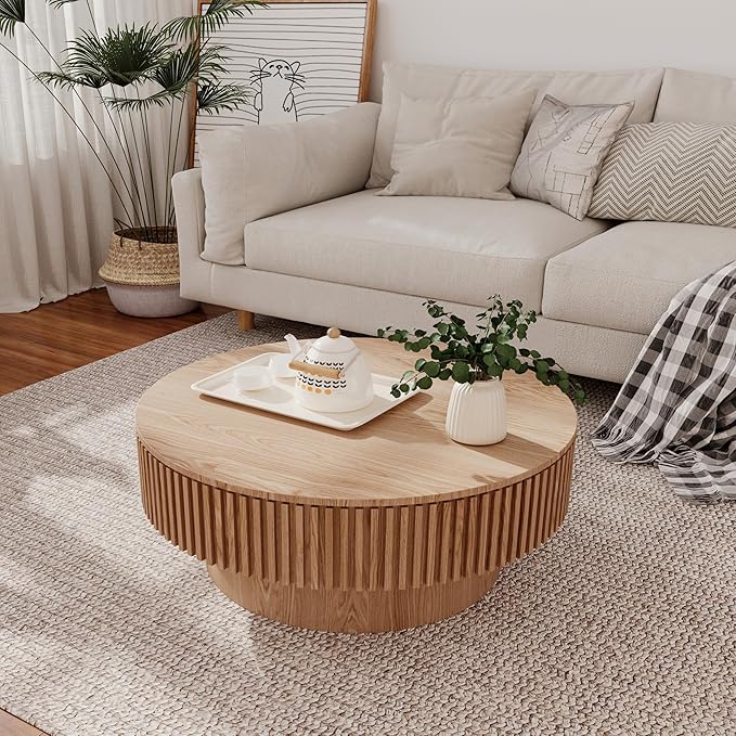 31.5'' Round Wood Coffee Table with Storage for Living Room Modern Fluted Coffee Table with Pedestal Circle Center Tables Accent Tea Table for Apartment, Natural Wood Oak