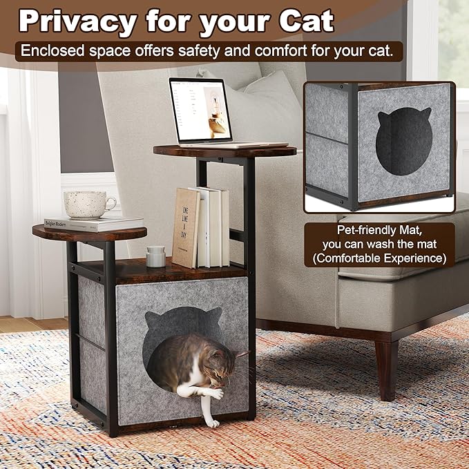 End Table, Cat Bed Table, Small Bedside Table with Removable Cat Condo, Flip Top Side Table with 3-Tiered Storage Shelves, Round Side Table, for Living Room, Bedroom, Rustic Brown and Classic Black