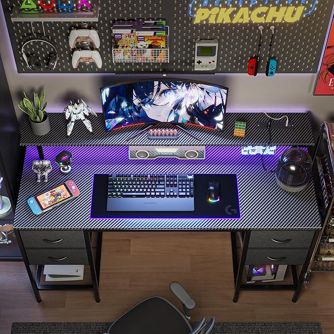 Huuger 47 inch Computer Desk with 4 Drawers, Gaming Desk with LED Lights & Power Outlets, Home Office Desk with Large Storage Space for Bedroom, Work from Home, Carbon Fibre Black-NeatNest