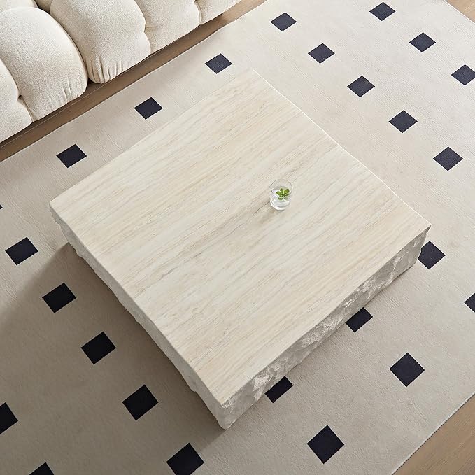 kevinplus ø35.43'' Square Coffee Table for Living Room, Modern Drum Circle Stone Coffee Table, Fiberglass Material, No Assembly, Beige