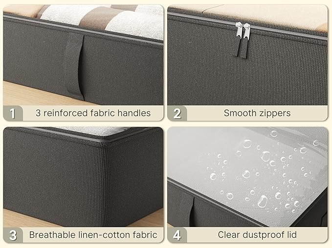 2-Pack Under Bed Storage, 6 Inches Tall Closet Organizers and Storage Bins with Sturdy Sidewalls/Bottom/4 Handles, Black-NeatNest