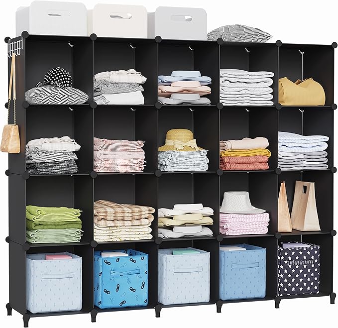 HOMIDEC 20-Cube Black Storage Organizer, Modular Shelf With Hammer, Storage Bin Cabinet Closet Bookshelf for Living Room, Bedroom, Office, Each Cube Size 11.8 x 11.8 Inch-NeatNest