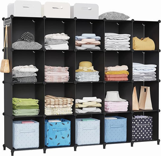 HOMIDEC 20-Cube Black Storage Organizer, Modular Shelf With Hammer, Storage Bin Cabinet Closet Bookshelf for Living Room, Bedroom, Office, Each Cube Size 11.8 x 11.8 Inch-NeatNest