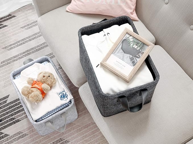 Collapsible Storage Bins Foldable Felt Fabric Storage Basket Organizer Boxes Containers with Handles PU Handles for Nursery Toys,Kids Room,Clothes,Towels,Magazine (PU-Dark grey, 15.9L×11W×9.8H)-NeatNest