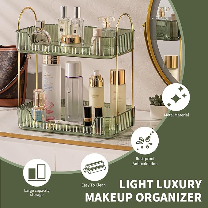 2 Tier Bathroom Organizer Countertop Makeup Perfume Tray Skincare Organizer for Bathroom Dresser Vanity (Green)-NeatNest