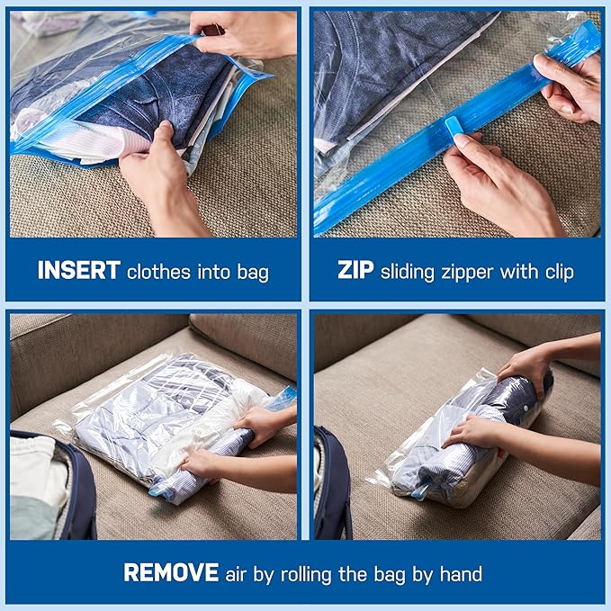 16 Pack Roll Up Vacuum Storage Bags for Comforters, Blankets & Clothes – Vacuum Sealed Compression Bags with Hand Pump – Space Saver Storage Bags for Bedding, Moving, Travel & Organization (4S & 2L)