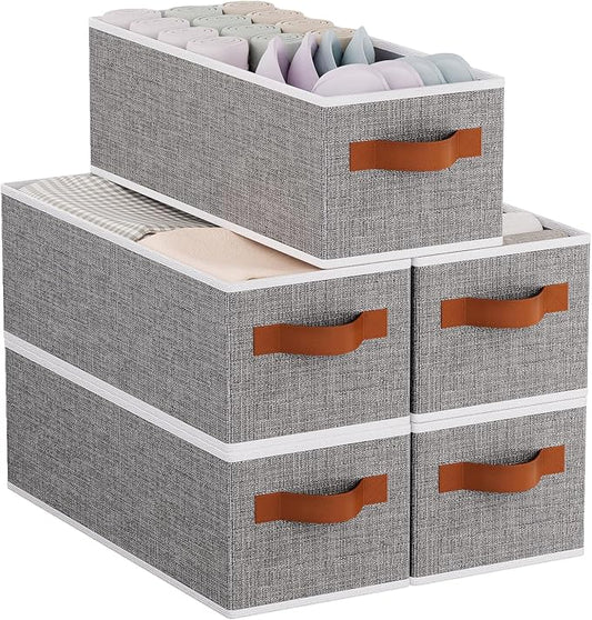 Fabric Storage Cubes 5-Pack, Foldable Open Clothes Boxes, 15 x 6 x 5 Inch Organizer Bins with Double Handles, Closet Basket Containers, Gray-NeatNest