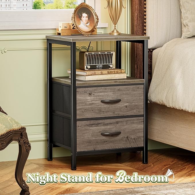 Huuger Night Stand Set of 2, Nightstand with 2 Drawers, Bed Side Table with Open Shelf, Wooden Top, End Table, Fabric Drawer with Oak Wooden Print Surface, for Bedroom