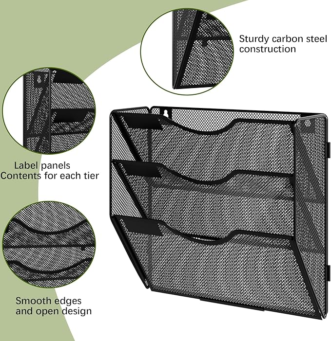 EasyPAG 3 Pocket Wall File Organizer, Black | Metal Mesh Wall Mounted File Holder | Assembly Hanging Mail Organizer | Replaceable Classify Labels | Office Home Letter Size Paper Storage