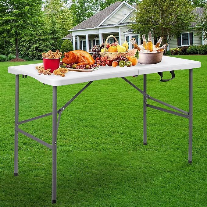 4 ft Portable Folding Table, Idustrial Heavy-Duty Foldable Table with Carrying Handle, Locks, Stright Legs for Indoor & Outdoor Party, Barbeque, Camping, Board Games - White-NeatNest