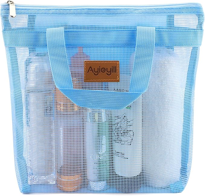 Shower Caddy Portable, Mesh Shower Caddy Tote Bag Quick Dry Hanging Toiletry and Bath Organizer for College Dorm, Gym, Beach, Travel or Camping with Zipper (A-Skyblue)-NeatNest