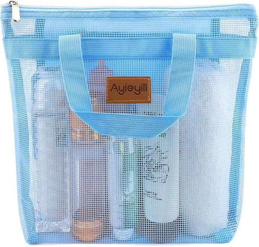 Shower Caddy Portable, Mesh Shower Caddy Tote Bag Quick Dry Hanging Toiletry and Bath Organizer for College Dorm, Gym, Beach, Travel or Camping with Zipper (A-Skyblue)-NeatNest
