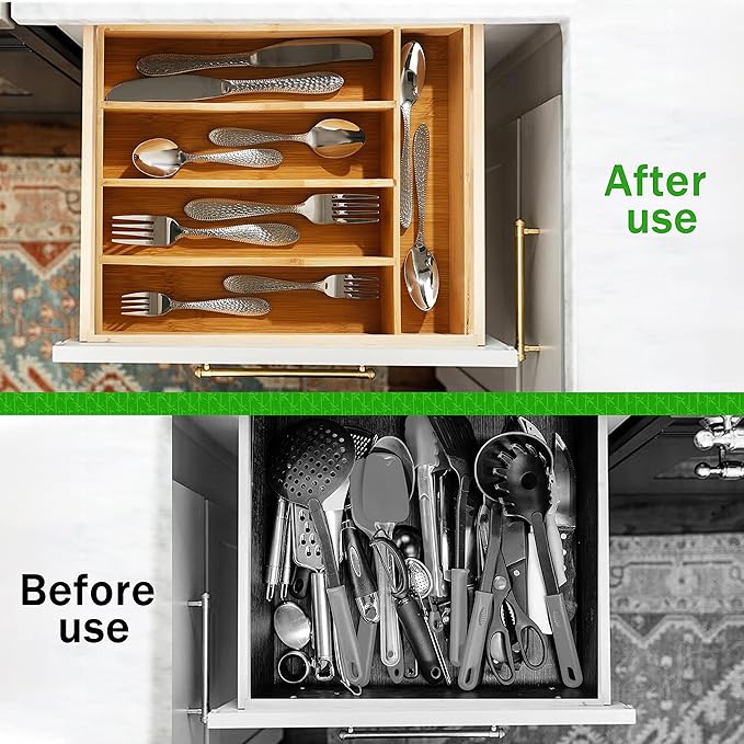 Greenual Silverware Organizer 10 In Utensil Organizer Silverware Tray for Drawer Cutlery Flatware Organizer for Kitchen Bamboo Wood-NeatNest