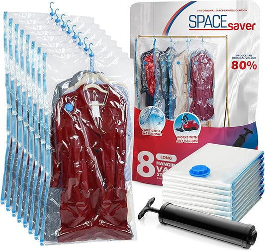 Hanging Vacuum Storage Bags for Clothes & Coats – 8 Pack Vacuum Seal Garment Bags for Hanging Storage – Space Saving Compression Bags for Clothing, Jackets, Winter Coats – Transparent