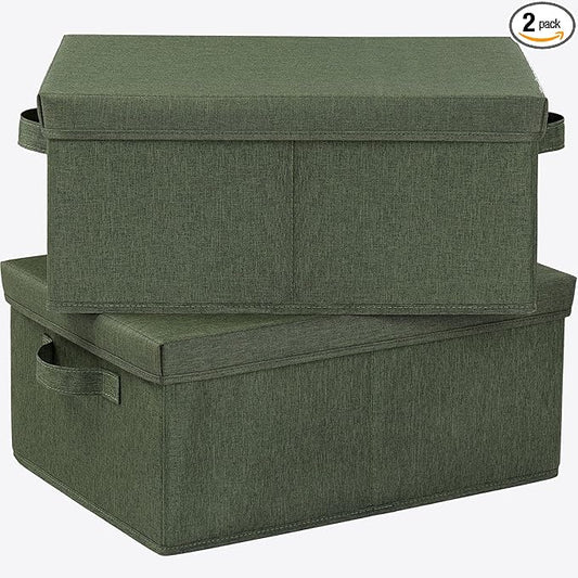 HOONEX Storage Bins with Lids for Organizing, Pack of 2, Storage Boxes with 2 Carrying Handles and Sturdy Heavy Cardboard, 16.5" L x 11.8" W x 7.5" H for Shoes, Books, Clothes, Olive-NeatNest