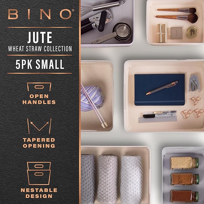 BINO | Woven Plastic Basket | Small (Natural Grey), 5-Pack | THE JUTE COLLECTION | Home Organization, Space - Saving Storage, Stylish Design | Jute Basket | Plastic Storage Basket-NeatNest