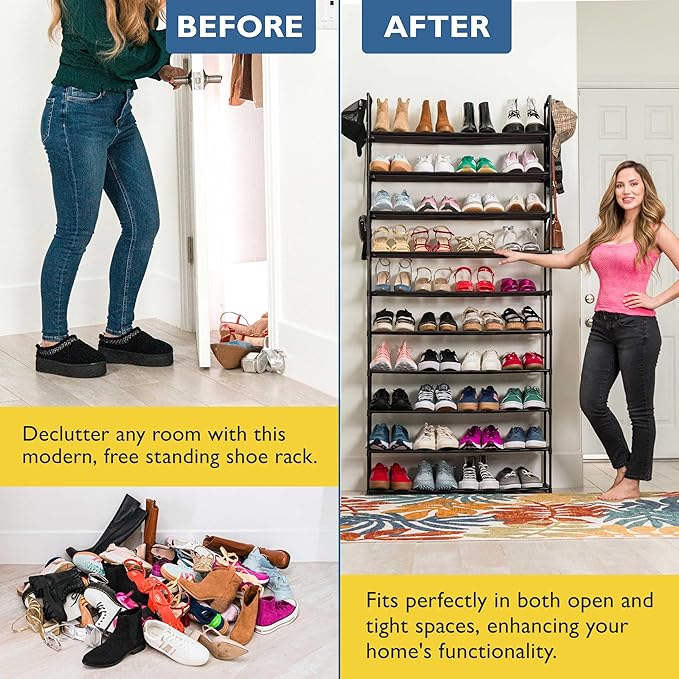 Sundaze Shoe Rack - 10 Tier Shoe Rack for Front Door Entrance, Sturdy Tall Shoe Organizer for Closet, Bedroom, Entryway, Garage, Non Woven Fabric Shelf, Black, Holds Up to 50 Pairs-NeatNest