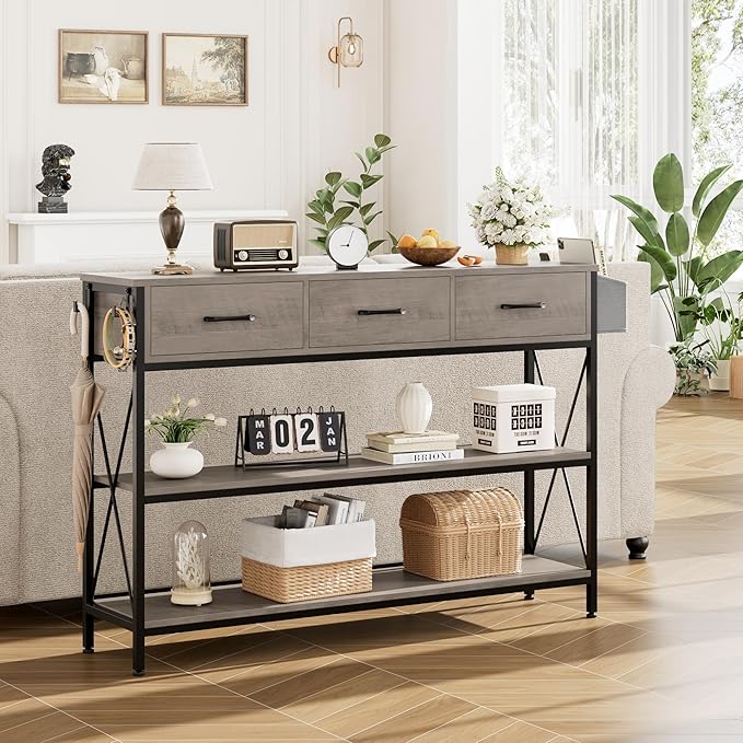 HITHOS 47.2" Long Console Table with 3 Drawers and 3-Tier Storage Shelves, Industrial Sofa Table for Living Room Entry Way-NeatNest