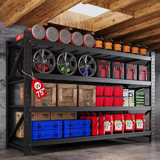 75” W Heavy Duty Metal Shelf, 8000LBS Metal Garage Shelving Units, 4 Tier Storage rack shelves, Steel Industrial Shelving , Adjustable Standing Shelf for Basement/Warehouse 75"W x 24"D x 70"H, Black-NeatNest