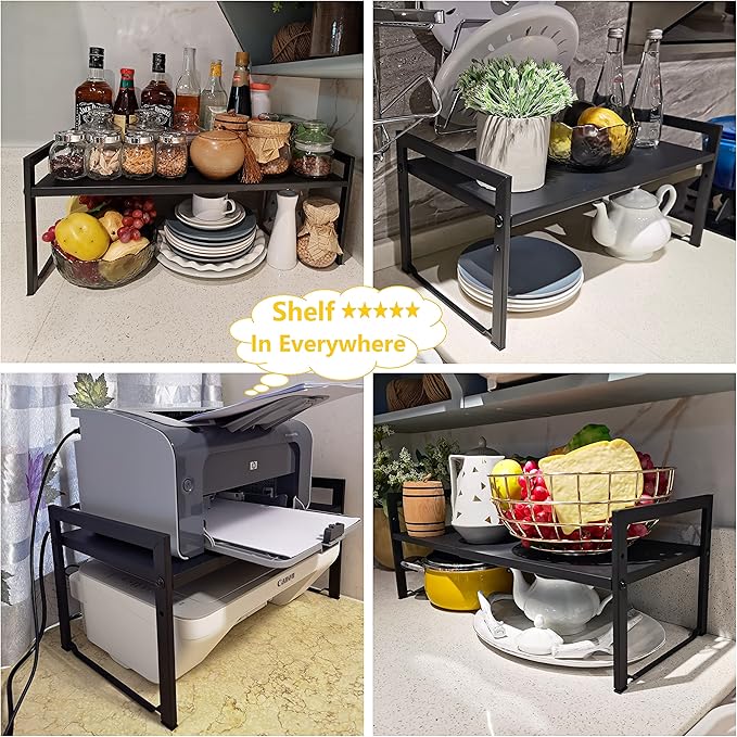 Expandable Cabinet Shelf Organizer 16-26" L Stackable Kitchen Counter Shelf Sink Rack Countertop Storage Black (Wide 10.6”D)-NeatNest