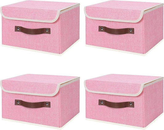 ANMINY 4PCS Storage Bins with Lid PU Leather Handles Storage Boxes PP Plastic Board Decorative Foldable Lidded Cotton Linen Fabric Home Cubes Baskets Closet Organizer Containers - Pink, Small Size-NeatNest