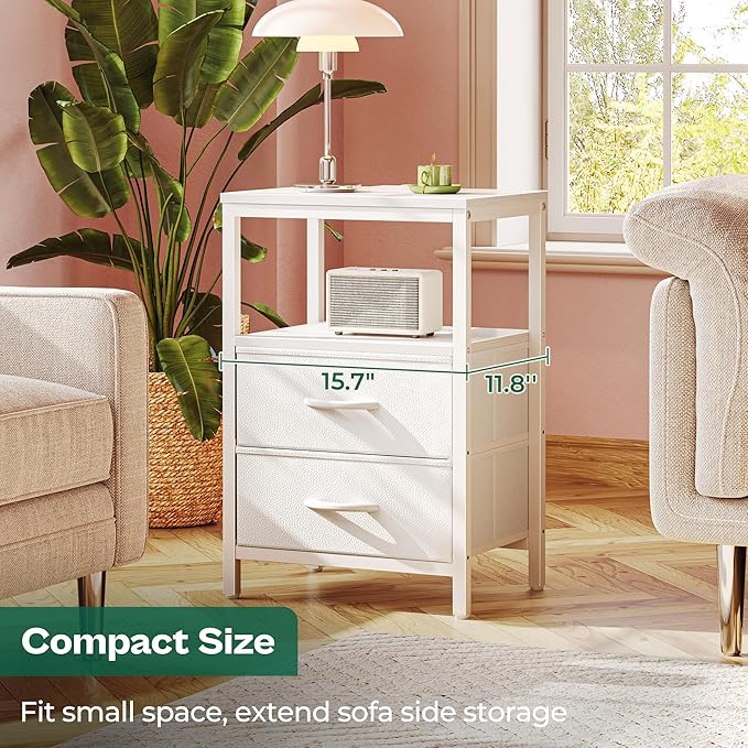 Huuger Nightstand with Charging Station, Side Table with Fabric Drawers, End Table with Open Shelf, Bedside Table with USB Ports and Outlets, Night Stand for Bedroom, White