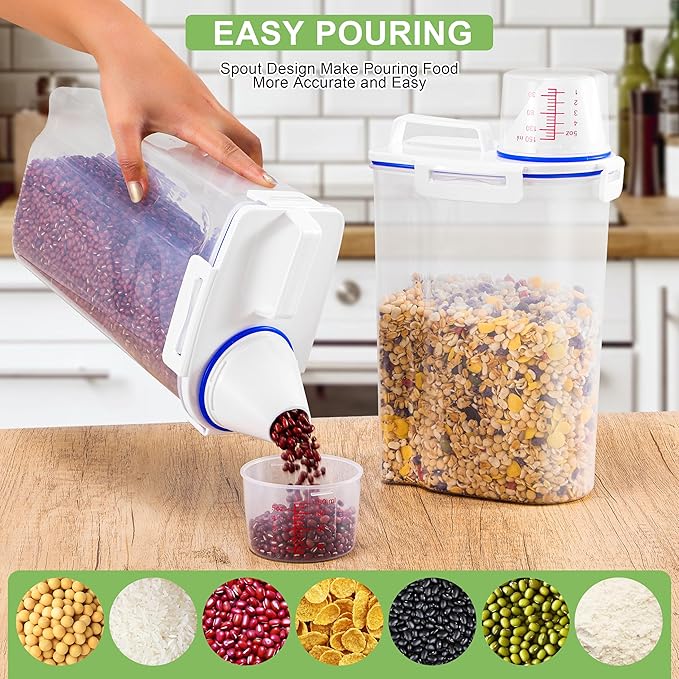 2 Pcs 5.5Lbs Rice Dispenser Storage Containers, Rice Container with Measuring Cup & Pour Spout, Kitchen Plastic Airtight Container for Cereal, Grain, Flour, Sugar, Oatmeal, Dry Pet Dog Food-NeatNest