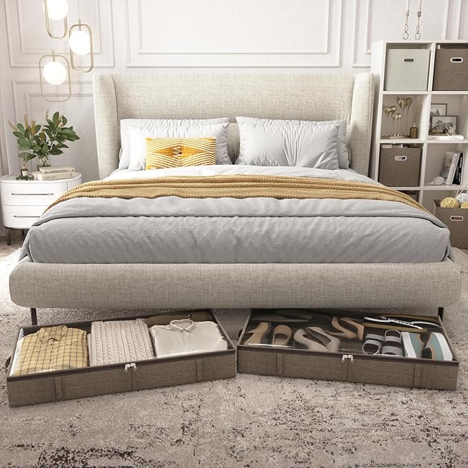 Brown Low Profile Under Bed Storage Containers 5 inches high, 33.8"x 17.7"x 5.1", Sturdy Underbed Shoe Storage Organizer, Foldable Fabric Under the Bed Storage Bins - Pack of 2-NeatNest