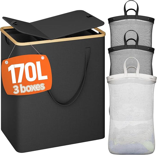 170L Laundry Hamper with Lid 3 Section, Extra Large Laundry Basket with 3 Removable Bags, Laundry Basket Organizer for Bedroom, Laundry Room, Dorm, Clothes Hamper, Black-NeatNest