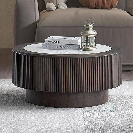 kevinplus ø35.43'' Round Faux Marble Coffee Table for Living Room, Modern Drum Circle Embossment Fluted Pedestal Wooden Coffee Table, No Assembly, Dark Brown