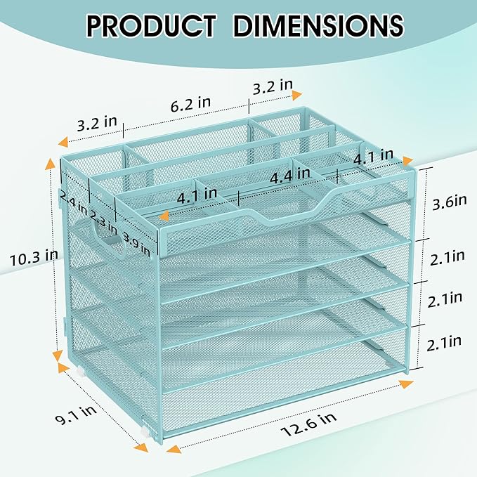 5 Tier Paper Letter Tray with 3 Drop-in Pen Holders, Mesh Desk File Organizer with Handle, Desk Organizers and Accessories for School,Home, Office Supplies Storage-Blue-NeatNest