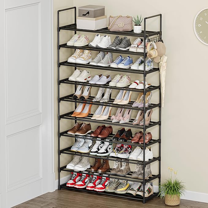10 Tier Metal Shoe Rack, Tall Shoe Rack for Entryway, Shoe Organizer for Closet, Shoe Storage for Front Door Entrance & Entryway, Large Long Shoe Stand Holder Adjustable Shelf Height-NeatNest