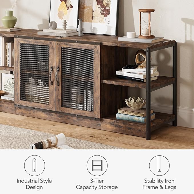 CABIHOME Farmhouse TV Stand for 65/75 inches TVs, Entertainment Center with Storage Cabinet and Mesh Doors, Industrial TV Media Console Cabinet Table, Media Furniture for Living Room, Vintage-NeatNest