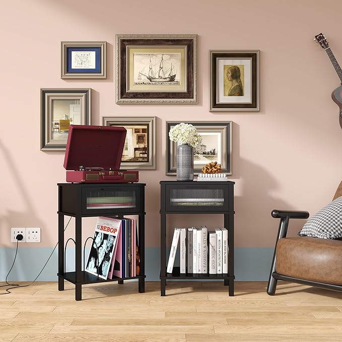 End Table with Record Player Stand, Side Table with Storage, 2-Tier Nightstand with Drawer and Record Holder, Modern Black Bedside Table for Living Room Bedroom MLBZ18B