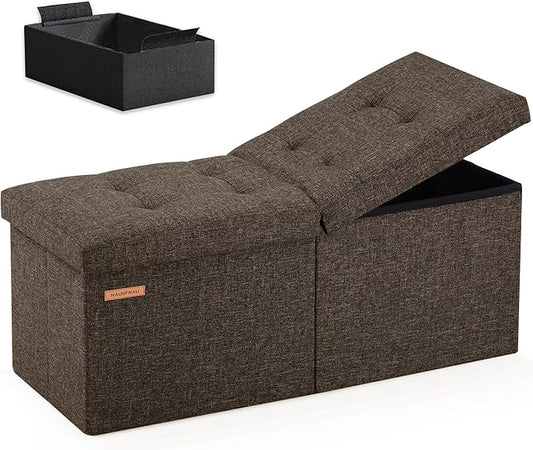 HAUSFRAU 31.5 Inches Ottoman with Storage Bench, Folding Ottoman Bench Small Foot Rest Stool, Bedroom Bench with Flipping Lid, Linen Espresso
