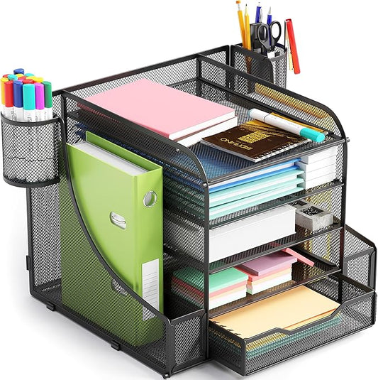 EVOOMI 5 Tier Mesh Desk Organizer PLUS - The Upgraded Time, Space & Sanity Saving Desktop Organizer System for Productivity Success - Ideal Pencil File Paperclip Post It Holder Mail Folder Organizer