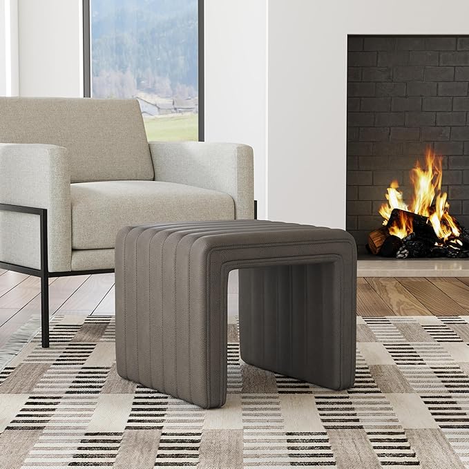 HomePop Modern Channel Tufted Faux Leather Ottoman Home Décor|Ottoman for Living Room & Bedroom - Pewter Gray Faux Leather
