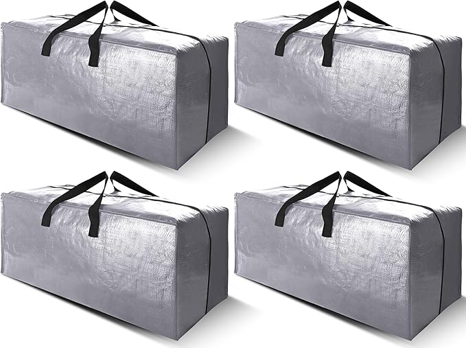 Cosy Family 4 Pack Heavy Duty Extra Large Moving Bags with Backpack Straps - Strong Handles & Zippers, Storage Totes For Space Saving, Fold Flat, Alternative to Moving Box (X-Large-Set of 4, Silver)-NeatNest