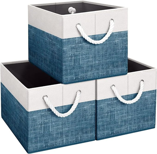 Fab totes Storage Bins [3-Pack], Foldable Storage Baskets for Organizing Toys, Books, Shelves, Closet, Large Storage Box with Rope Handles, Sturdy Organizer Bins, White & Blue-NeatNest