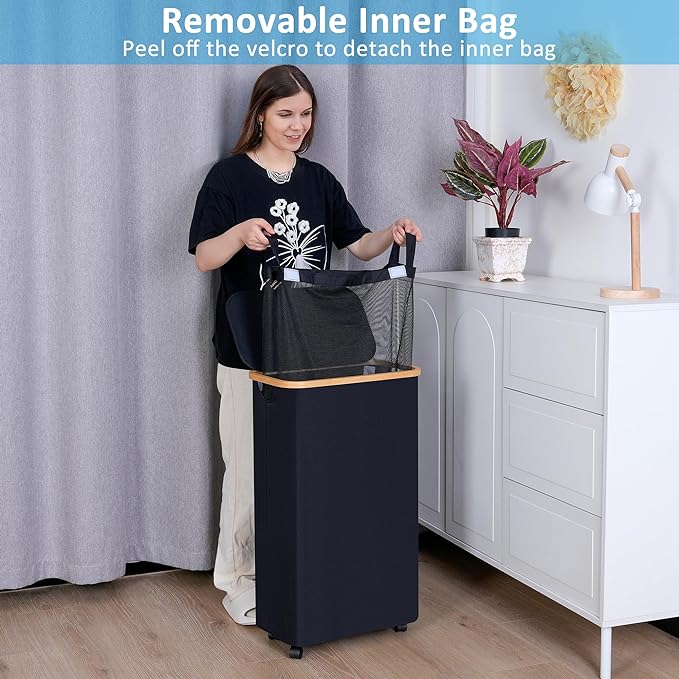 efluky Slim Laundry Basket with Wheels, Narrow Rolling Laundry Hamper with Lid and Removable Bag, Aesthetic Dirty Clothes Hamper on Wheels for Laundry Room, Bedroom, Dorm and Bathroom, 75L Dark Black-NeatNest