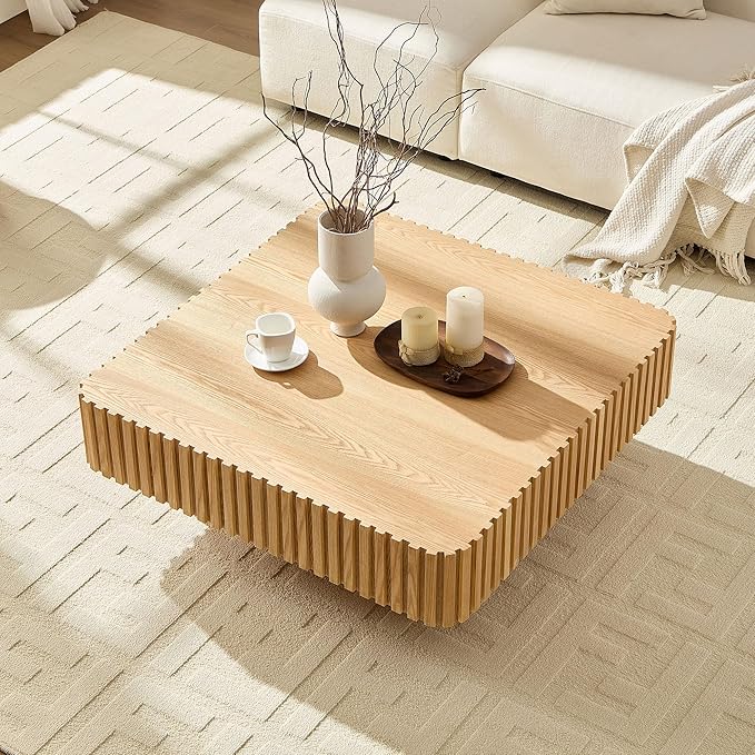35.43" Square Fluted Drum Coffee Table, Handcrafted Accent Coffee Table Modern Contemporary Pedestal Table for Living Room Small Space - Oak