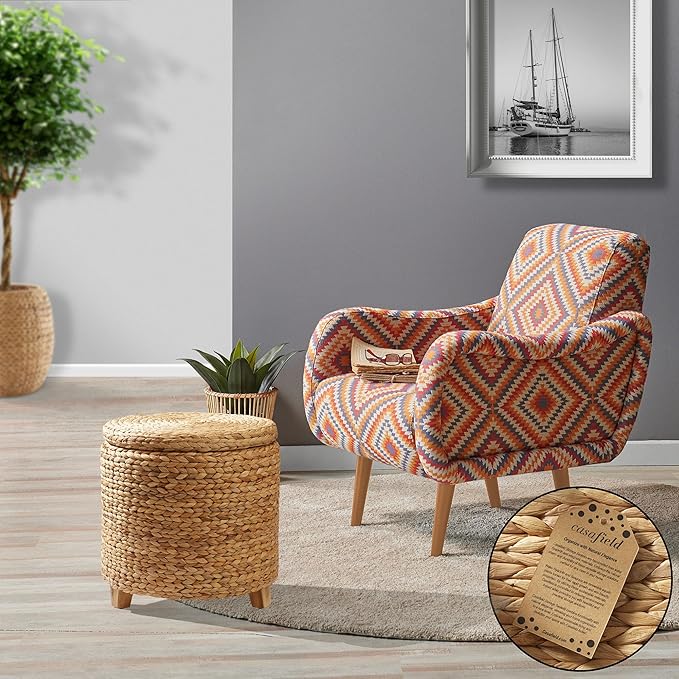 Casafield 17" Round Storage Ottoman with Lid - Natural, Handwoven Water Hyacinth Footstool for Living Room, Bedroom, Bathroom, Home Office-NeatNest