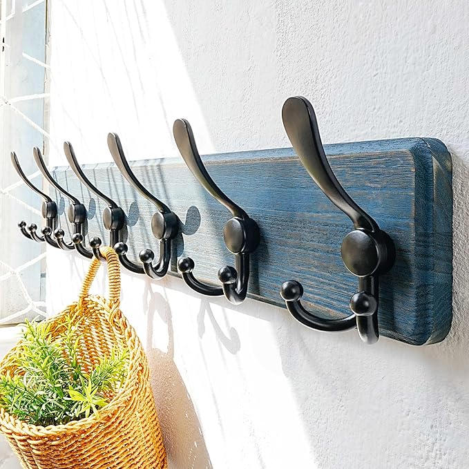 Dseap Coat Rack Wall Mounted - 24" Long 6 Tri Hooks, Heavy Duty Wooden Wall Coat Hanger Coat Hook for Clothes Hat Jacket Clothing, Weathered Blue and Black, Pack of 2