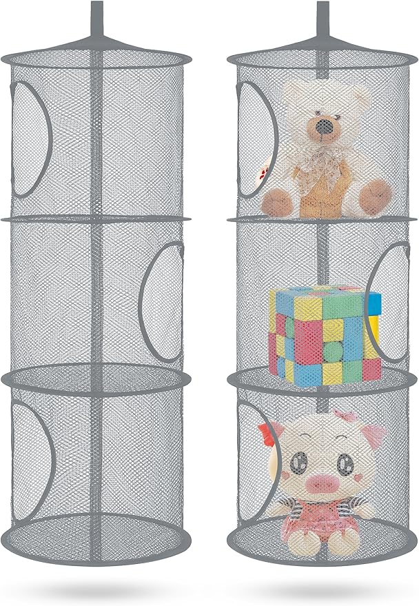2Pcs Stuffed Animal Storage Foldable Stuffed Animal Net or Hammock Organizer, 3 Compartments Hanging Mesh Toy Storage Hammock for Kid Room Toys, Gloves, Hats, Socks（Grey）-NeatNest
