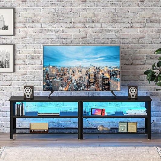 Clikuutory Modern Black 71 inch Metal TV Stand with LED Lights and Power Outlets for 50 60 65 70 75 80 Inch TVs, 3 Tier Television Stands with Entertainment Center and Storage for Living Room, Bedroom-NeatNest