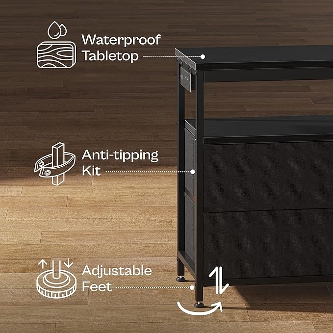 Huuger LED TV Stand for Bedroom, 55 Inch Fabric Dresser with Power Outlets, Entertainment Center for 60, 55, 50 Inch TV, 6 Drawer Dresser for Bedroom, Chest of Drawers with Shlef, PU Leather, Black-NeatNest