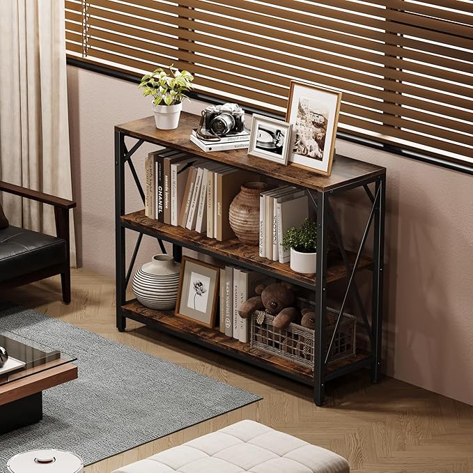 Homeiju Entry Table 40" Width, 3-Tier Entryway Table with Storage, Industrial Sofa Table with Open Shelves, Foyer Tables for Entryway, Hallway, Kitchen, Living Room and Bedroom, Rustic Brown-NeatNest