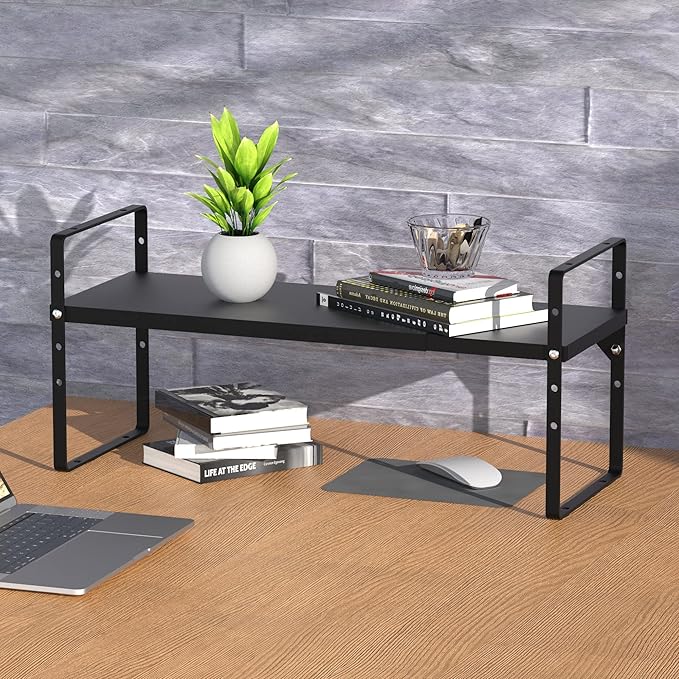 Expandable Kitchen Cabinet Shelf Organizers 3 Pack, Stackable Metal Pantry Storage Shelves Rack, Adjustable Counter Shelf for Cabinets, Countertop, Cupboard Organizers and Storage, Black-NeatNest