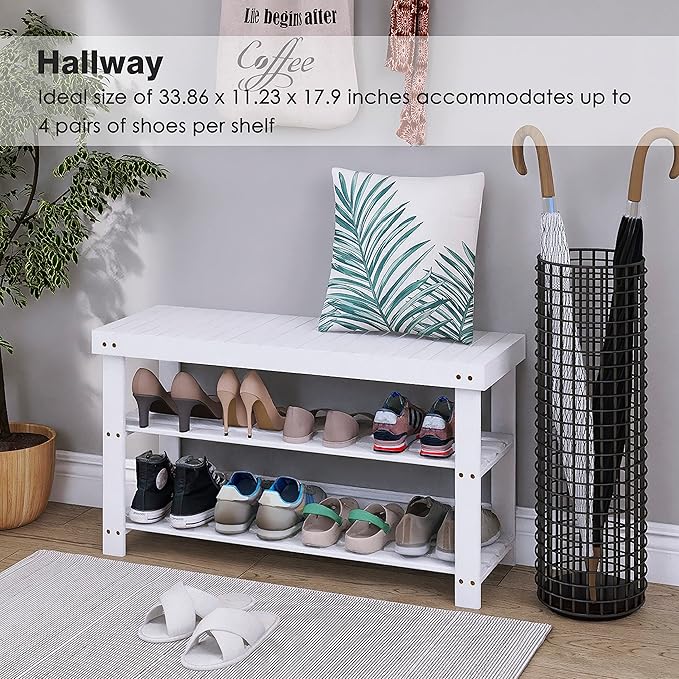 SMIBUY Bamboo Shoe Rack Bench, 3-Tier Shoe Organizer Storage Shelf for Entryway Hallway Bathroom Living Room (White)-NeatNest