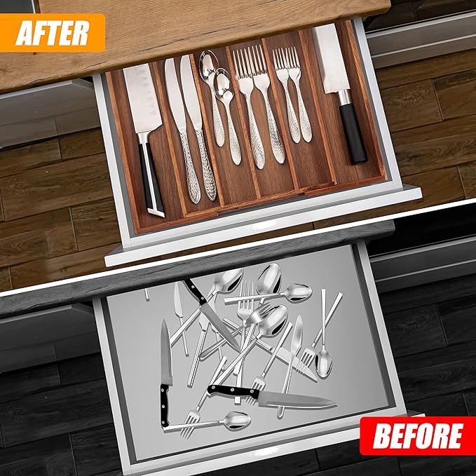 Bellsal Acacia Silverware Organizer Kitchen Drawer Organizer Expandable Bamboo Utensil Holder Cutlery Tray for Kitchen Utensil and Flatware Bedroom Office-NeatNest